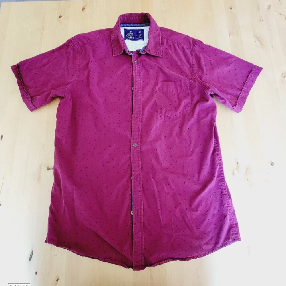 Rugby University - Mens Large- Button Up Short Sleeve Shirt cotton Plumb Maroon